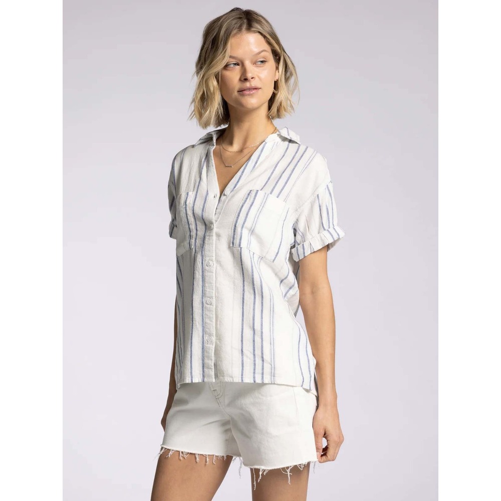 Thread & Supply Syndey Linen Blend Button Down Pinstriped Shirt Small Coastal